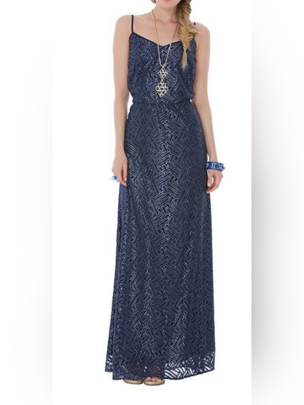 Lilly Pulitzer Deanna Navy Lace Metallic Maxi Dress with Spaghetti Straps Size S